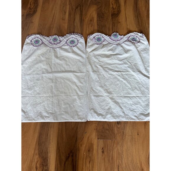 Vintage White Pillowcases With Purple & Green Crochet Floral Edge - Picture 1 of 8